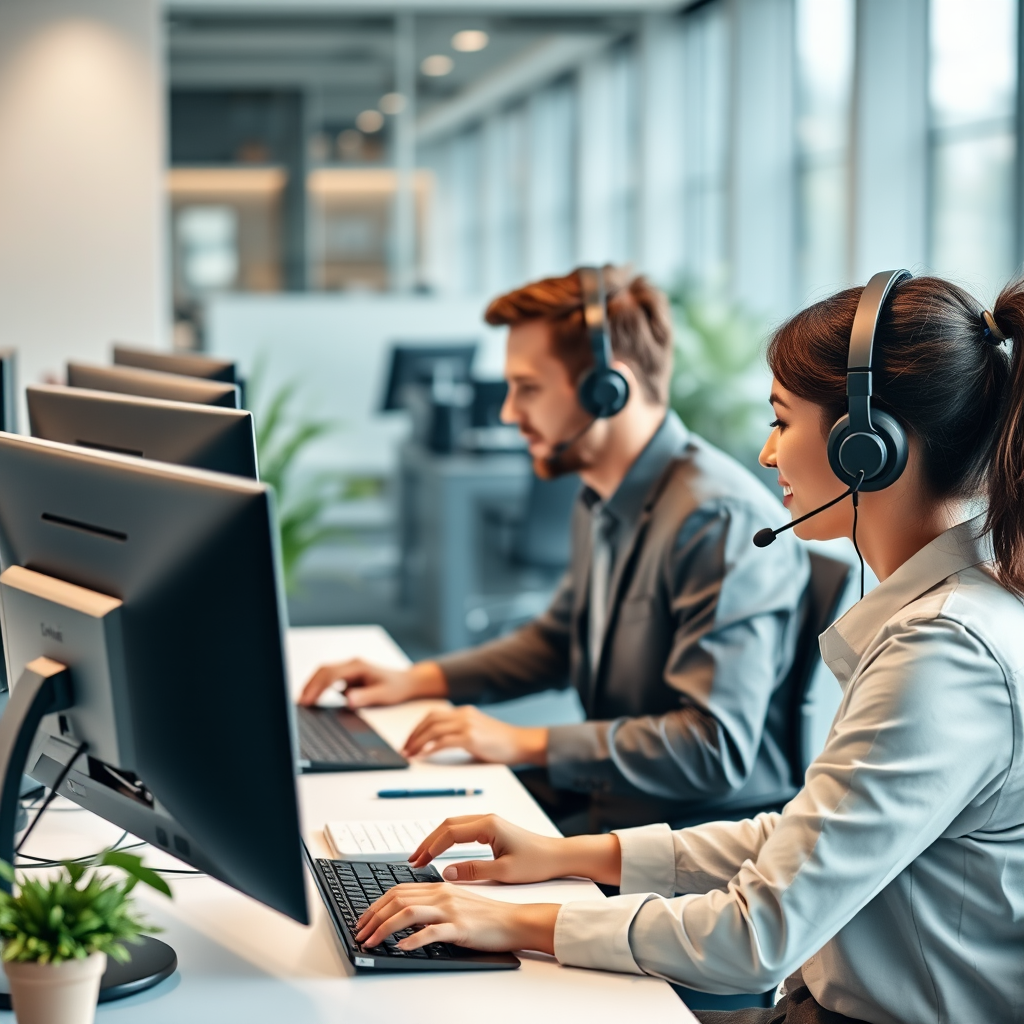 Professional customer support team working at modern office with multiple monitors and headsets, helping customers with digital platform services