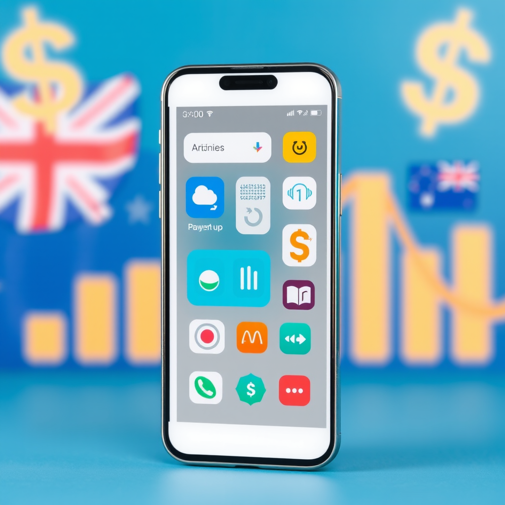 Modern smartphone displaying various digital payment apps and financial services with Australian dollar symbols and growth charts in the background, representing the surge in mobile-based financial services adoption across Australia