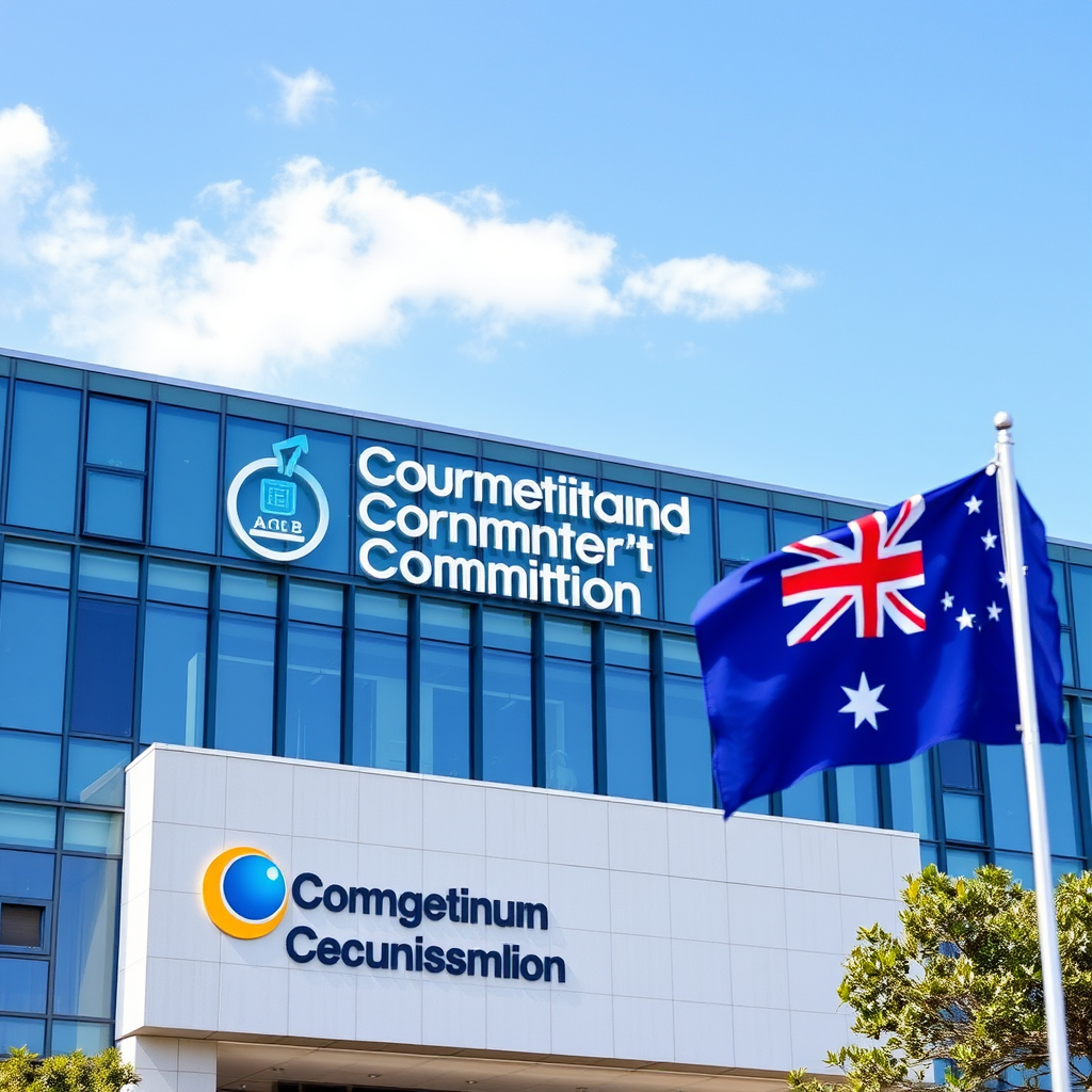 Australian Competition and Consumer Commission headquarters building with digital platform regulatory symbols and Australian flag in background