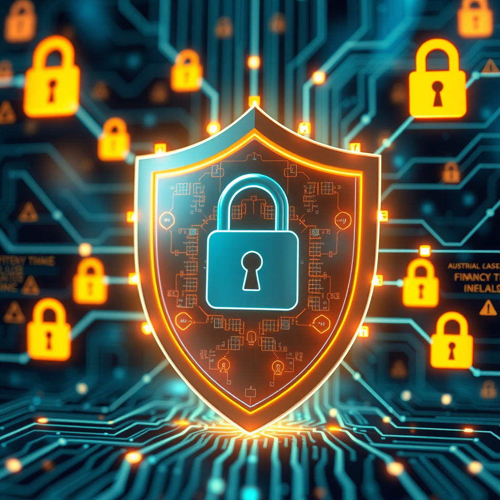 Digital cybersecurity shield with lock icons and encrypted data streams, representing enhanced security measures for Australian financial technology platforms