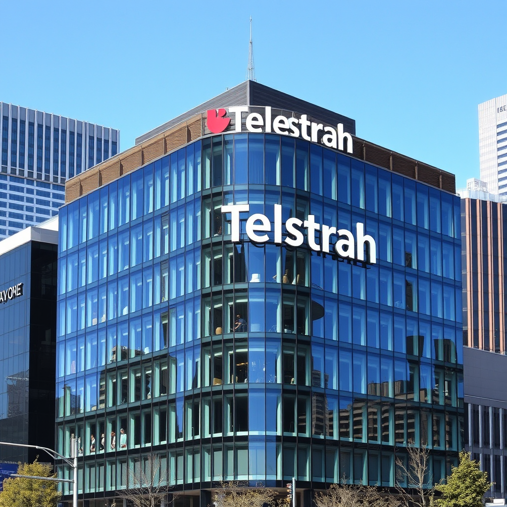 Modern office building in Sydney CBD with glass facade and Telstrah company signage, located on Elizabeth Street with city skyline in background