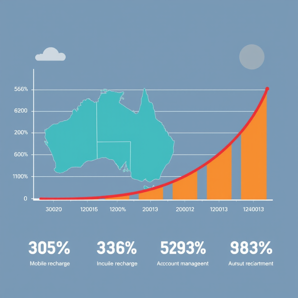 Digital growth chart showing upward trend in Australian tech sector performance with mobile recharge and account management statistics