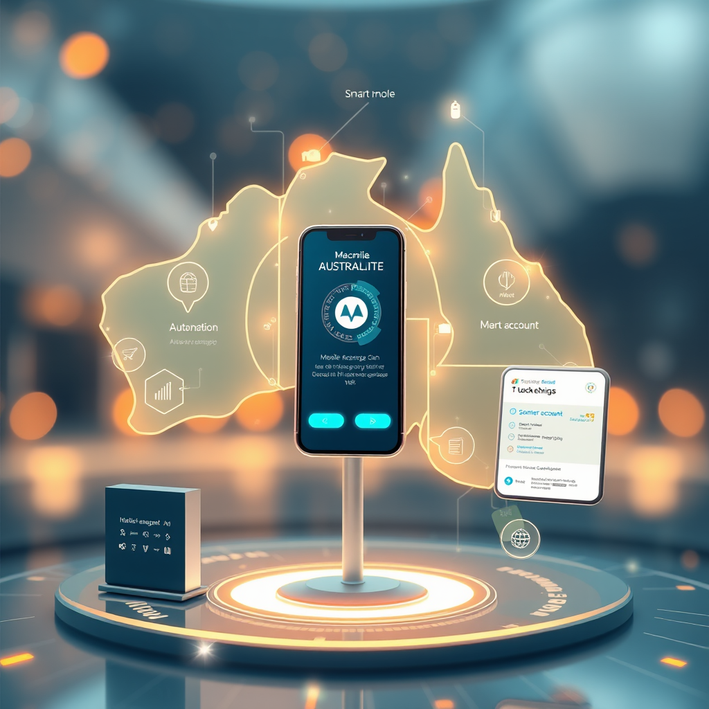 Futuristic visualization of Australian digital service platforms with AI integration, showing mobile recharge automation and smart account management features