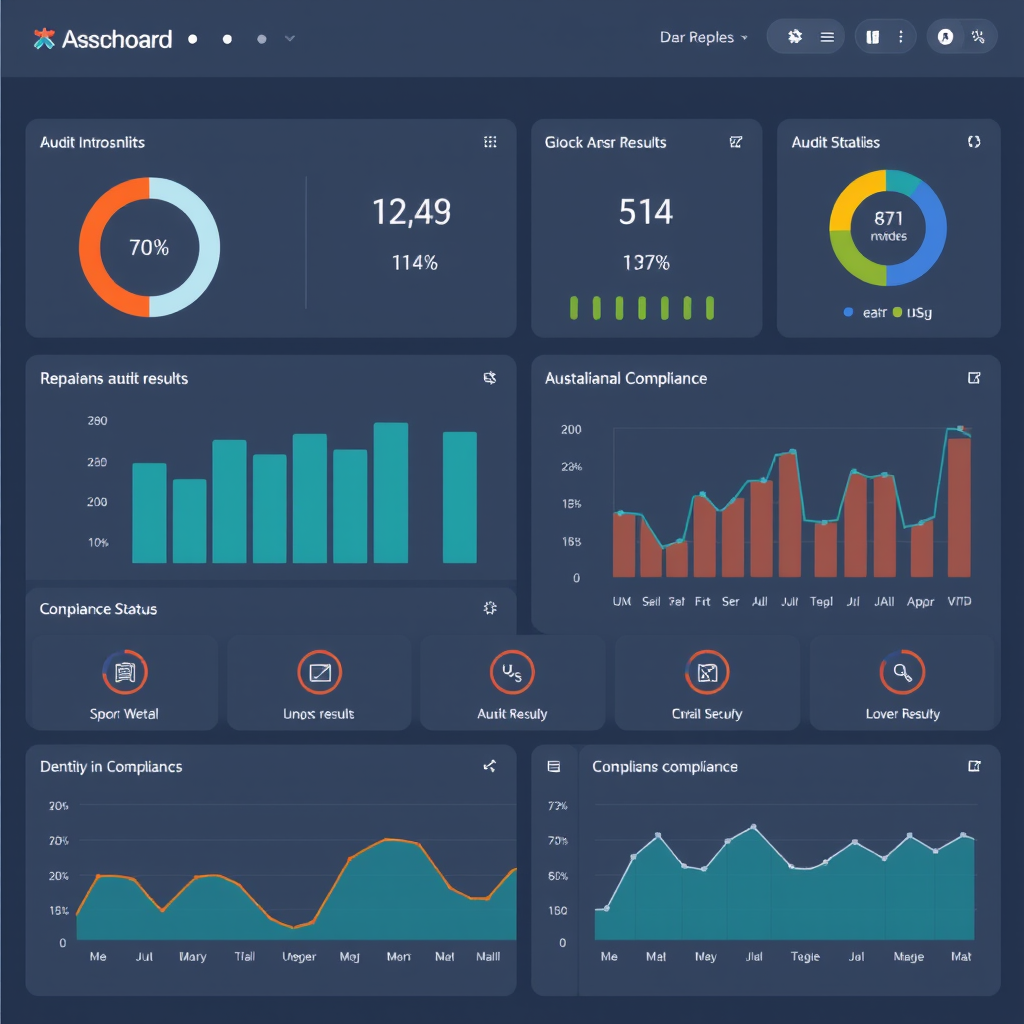 Professional dashboard interface showing cybersecurity compliance metrics, audit results, and security status indicators for Australian financial platforms